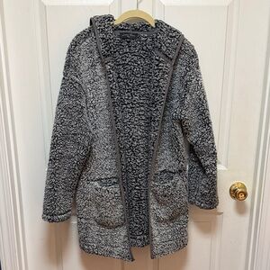 Love Tree Black and Gray Hooded Sherpa Open Front Jacket, Size Small